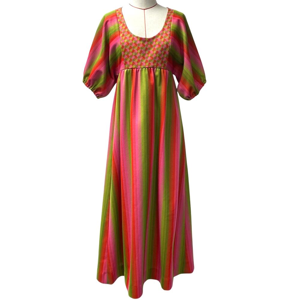 Vintage Handmade Womens Colorful Striped Short Sleeve Long Dress